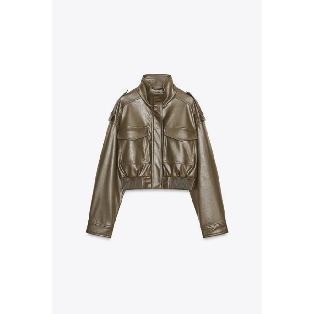 Zara Olive Green Cropped Faux Leather Bomber Jacket